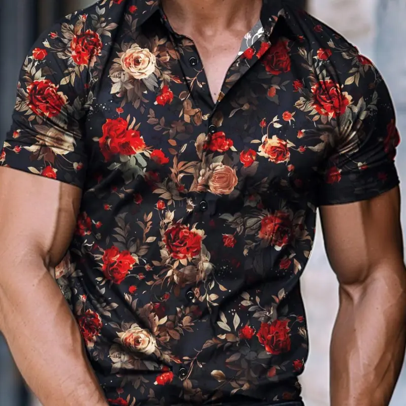 Men's Rose Print Short Sleeve Shirt, Loose Casual Comfy Breathable Hawaiian Shirt for Summer, Casual Summer Clothing, Casual Party Shirt, Men's Clothes for Beach Vacation, Casual Fashion Shirt, Casual Style Shirt, Menswear