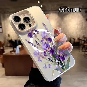 Magnetic Phone Case for iPhone 15 16 14 Pro Max 13 12 11 E Plus Purple Iris and Lavender Bouquet Pattern Shockproof Drop Protection Durable PC Smartphone Cover Cellphone Protective