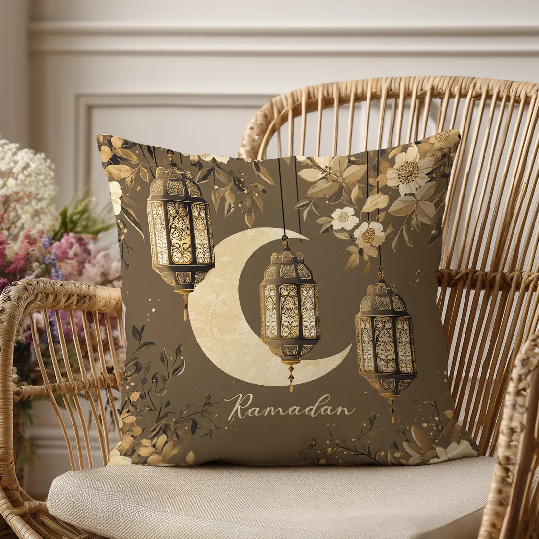 1pc, Single-Sided Printed Pillowcase, Ramadan Brown Floral Lantern Moon Pillowcase, Home Decor Pillowcase Suitable for Living Room Sofa Bedroom, Pillow Insert Not Included