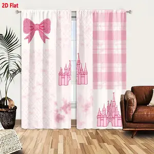 2D Flat Pastel Pink Princess Bow Castle Pattern Curtain 2-Piece Set, Watercolor Cloud Diamond Grid Checkered Design, Whimsical Pink Bedroom Decor Curtains
