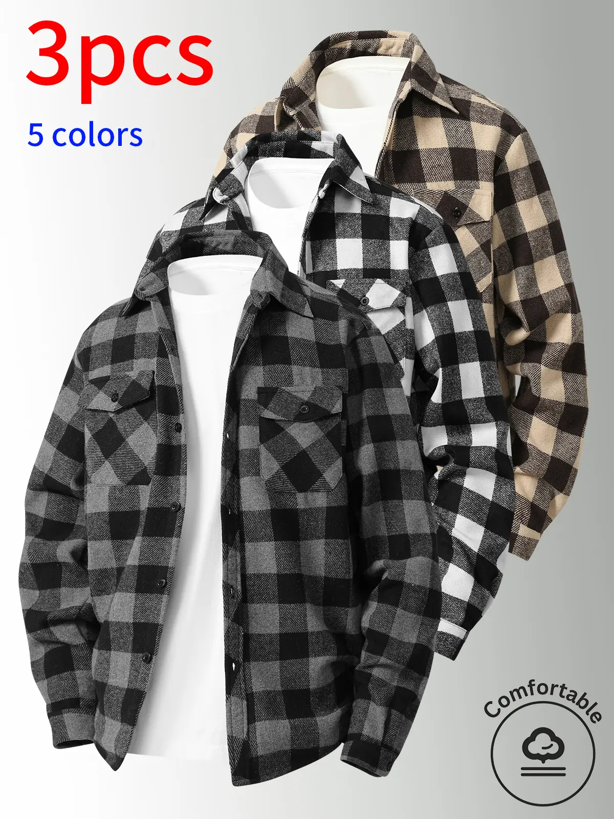 3-pack men plaid shacket,button down plaid outerwear,long sleeve plaid coat,men casual overshirt,fall winter men jacket, loose fit plaid shirt coat,dual chest pockets,men fashion outerwear, autumn fashionable style
