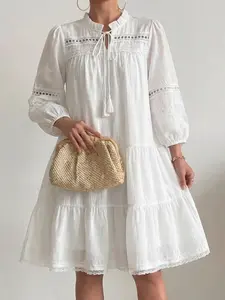 Women's Solid Color Woven Lace Patchwork Fringe Hollow Out Loose Casual Long Sleeve Dress, Fall & Winter Fashion, Comfortable and Stylish