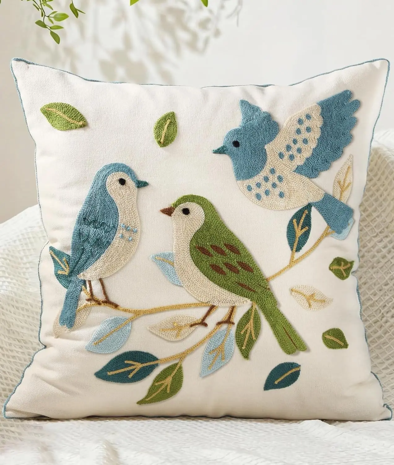Embroidered Throw Pillow Cover 18x18 Inch - Summer Farmhouse Decorative Pillow Covers with Zipper for Couch Sofa Bedroom Living Room Spring Boho Cushion Pillowcase, Birds Leaves