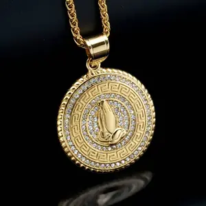 1pc  Stainless Steel Prayer Hand Pendant  Golden Tone Encrusted Round Cross Design for Men Women Holiday Gifts for Teacher's Day Mother's Day Father's Day Graduation