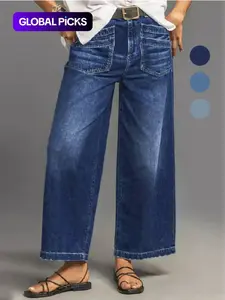 Women's Loose-Fitting Denim Wide-Leg Jeans with Pockets, Solid Color Casual Fashion Jeans, Comfortable and Stylish for All Seasons