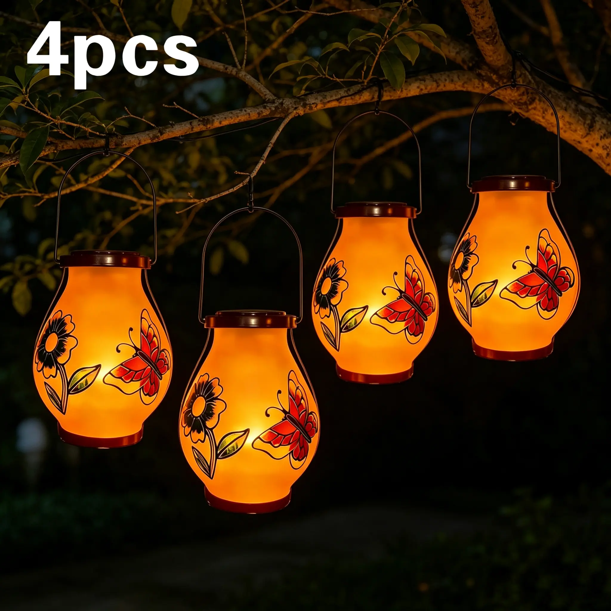 4-Piece Handmade Painted Iron Decorative Lanterns, Water-Resistant Outdoor Lighting with Built-In Batteries for Home Improvement