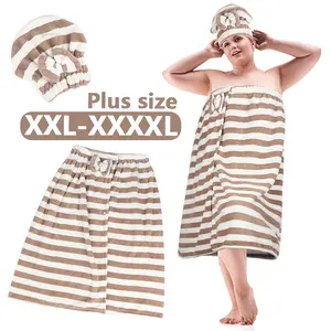 Plus Size Striped Pattern Casual Bathrobe & Shower Cap Set XXL-XXXXL Soft Comfortable Breathable for Women'swear Household Bathroom Supplies