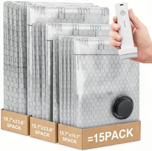 Cordless Travel Vacuum Bag Set Vacuum Bags for Travel with Rechargeable air Pump, 15 Pack Carry-on Size Compression Packing Bags for Luggage and Suitcase, Space Saver for Clothes and Clothing Travel Zipper Pouches