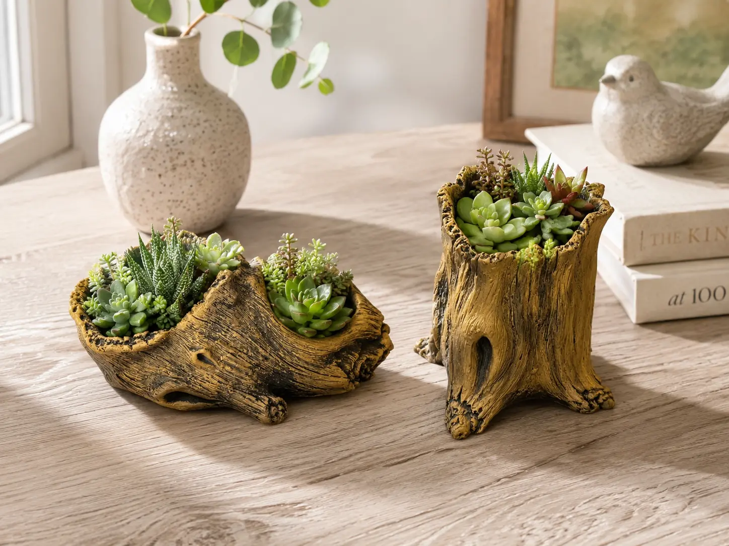 2-Piece Rustic Tree Stump Succulent Cement Planter Set, Tall (4.33" W x 5.51" H) & Low (6.69" W x 3.15" H) Mixed Shape Mini Plant Pots, Relief Wood-Look Decorative Planters for Succulents, Small Plants, Home Office Desk Garden Decor (Plants Not Included)
