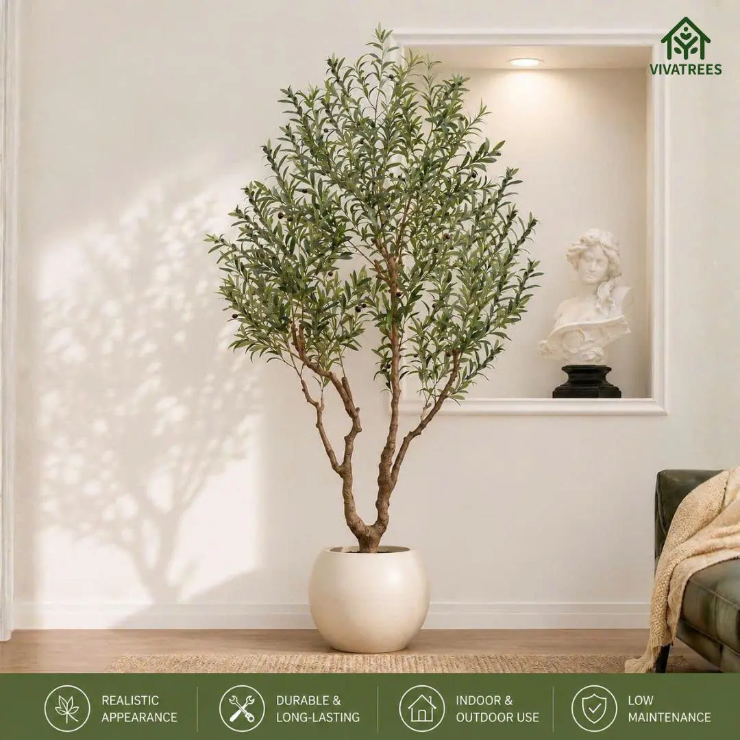 Olive Tree Artificial Indoor, 7FT Tall Faux Olive Tree with 16in Round White Planter, Artificial Plants with Natural Wood Trunk and Lifelike Fruits for Home Office Decor