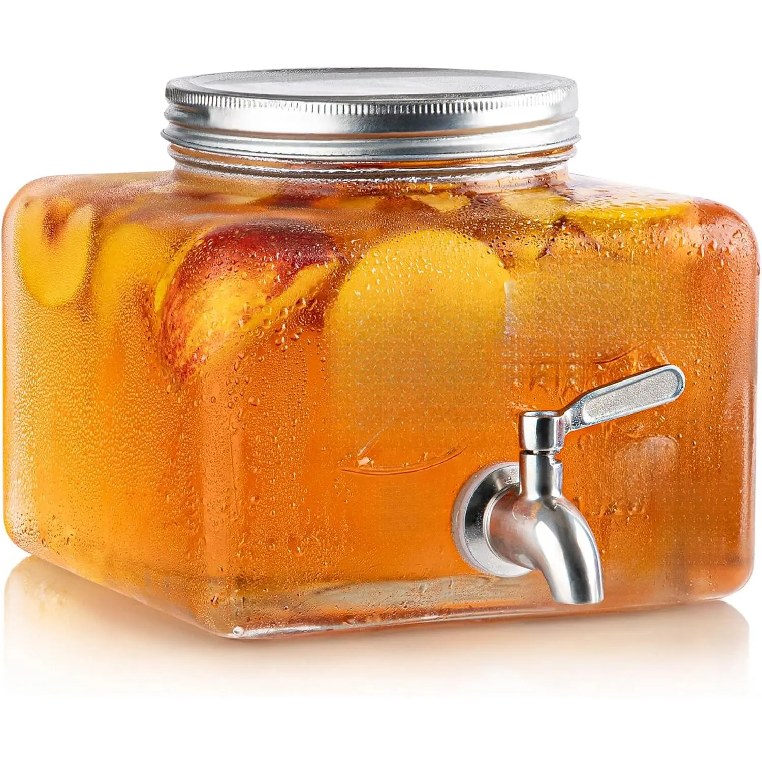 Refrigerator Glass Beverage Dispenser - Stainless Steel Faucet Mason Jar Dispenser with Large Opening and Easy Filling - Outdoor Beverage Storage for Water, Iced Tea, Juice, Sangria, and Detergent, 1 Gallon