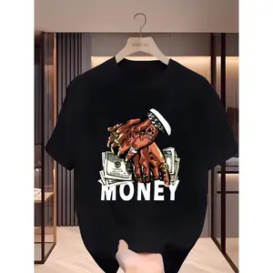 Boys' Casual Outdoor "MONEY" Pattern T-Shirt - Black Short-Sleeve T-Shirt with a Bold Money Print, Polyester, Machine Washable, Teen Boys' Clothing