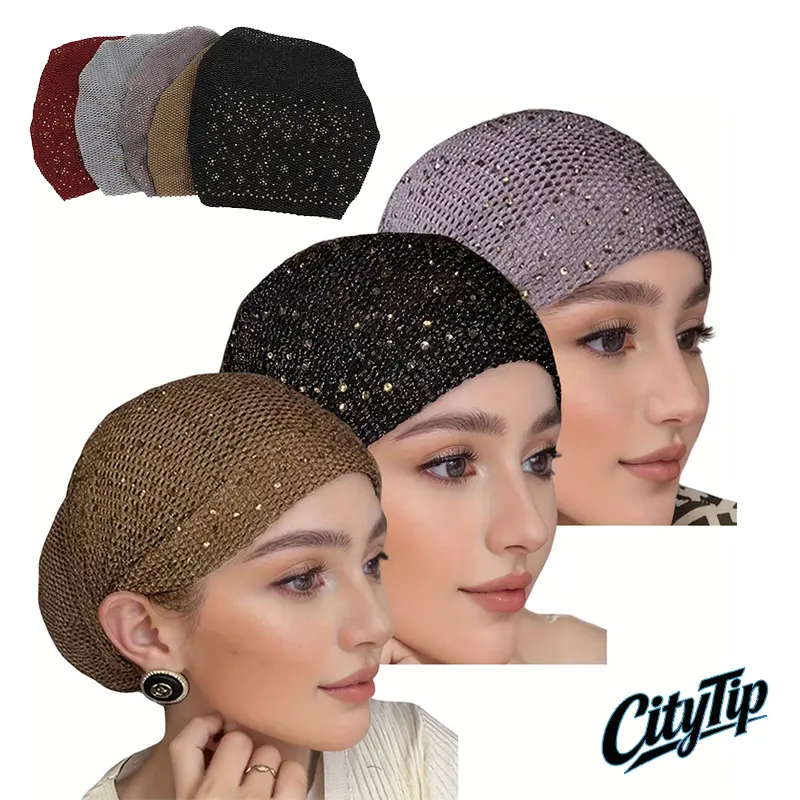 3PCS Women's Rhinestone Turban Beanie Hats, Sparkly Open Knit Headscarf Caps, Soft Stretch Brimless Slouchy Beanie for Hair Loss, Chemo Headwear, Modest Fashion & Everyday Wear