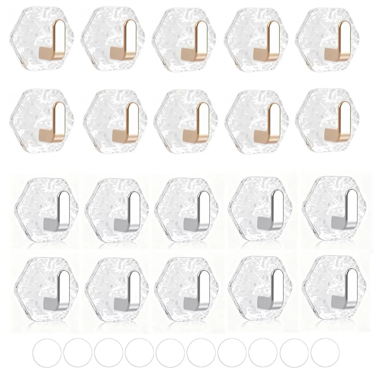 20Pcs Water Ripple Hexagonal Self Adhesive Hooks - Clear Acrylic Wall Hooks for Bathroom Kitchen Decor, No Drill Towel Key Hanger (Gold+Silver) - Home Improvement.