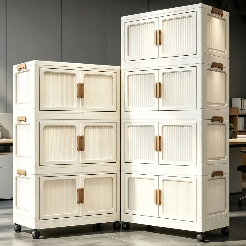 Foldable Office Storage Cabinet with Lid, Multi-layer Stackable Office Storage Bin with Universal Wheels, Freestanding Plastic Storage Organizer with Double Doors, Office Storage Cabinet, File Organizer with Handles Ideal for Organization And Storage