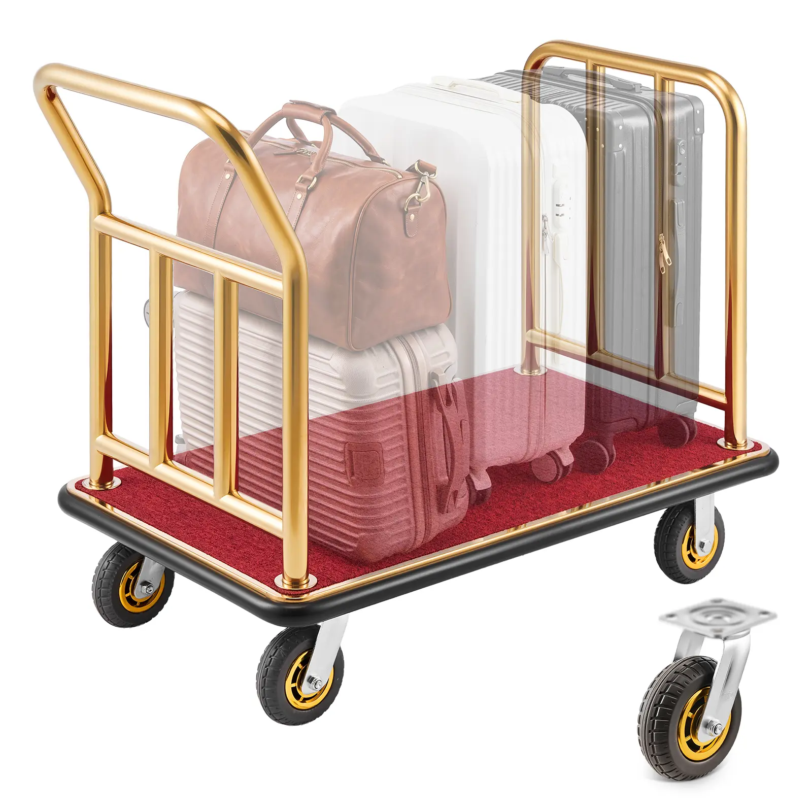 【SummerFinds】VEVOR Heavy Duty Handle Luggage Cart, 750 lbs Capacity Bellman Cart with Stainless Steel Frame, 6 in Rubber Wheels, Red Carpeted Deck, Commercial Rolling Trolley for Hotels, Resorts, Handle Luggage Carts