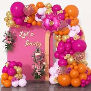175Pcs Hot Pink and Orange Balloons Arch Garland Kit, Pink and Orange Party Decorations with Gold Balloons Foil Flowers for Women Wedding Bridal Tropical Bachelorette Birthday Decor