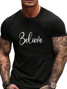 Minimal Believe Word Crew Neck Tee, Soft Breathable Summer Spring Inner Wear Apparel