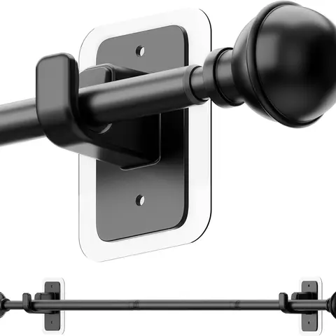Telescopic Curtain Rod, 5/8 in Diameter Window-Mounted Drapery Rod with Adhesive Brackets, No-Drill Installation, 28-47 in Adjustable Width, Black, Curtain Rods No Drilling, Tension Rod Curtains