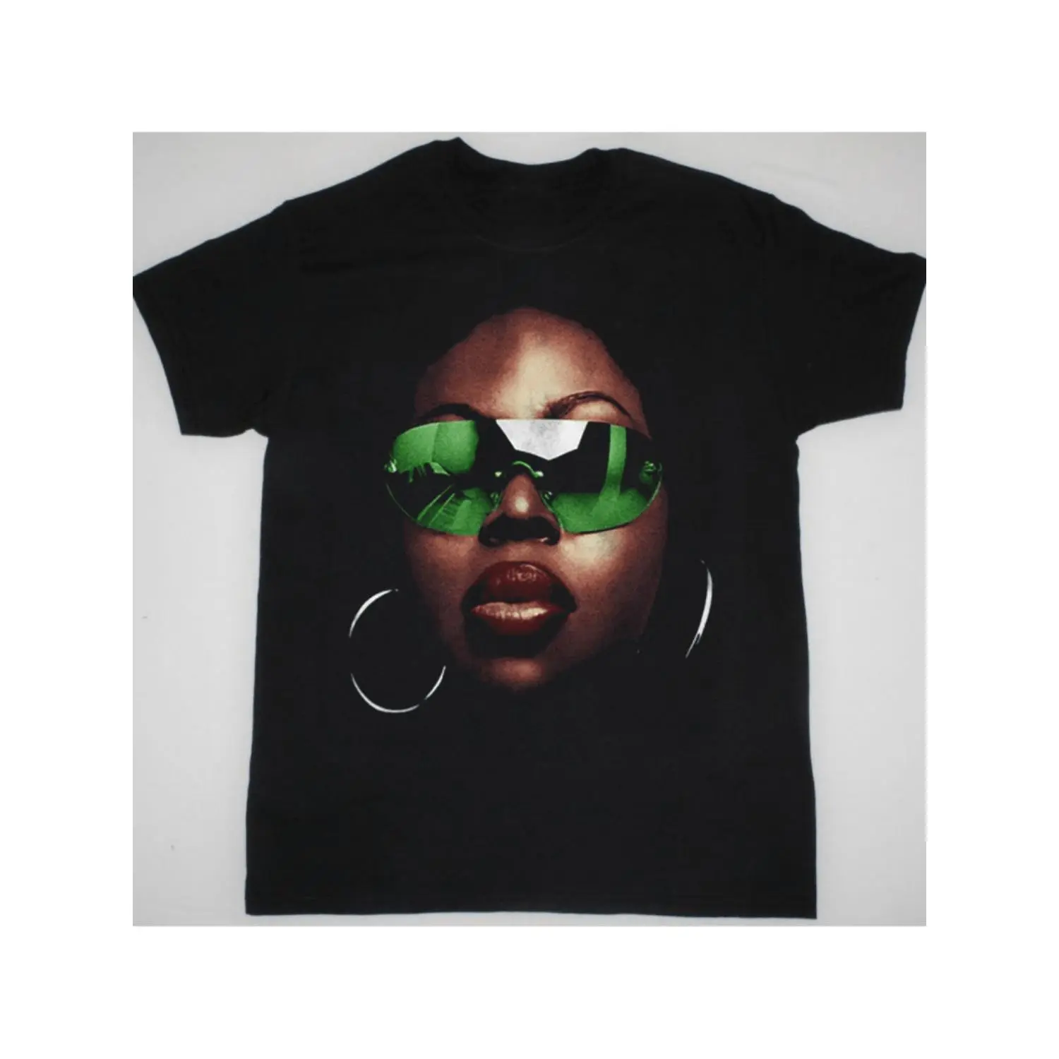 Graphic Tee Iconic Green Sunglasses & Hoop Earrings Retro Street Style 100% Cotton Relaxed Oversized Short Sleeve T-Shirt for R&B Music Fans & Vintage Fashion Enthusiasts