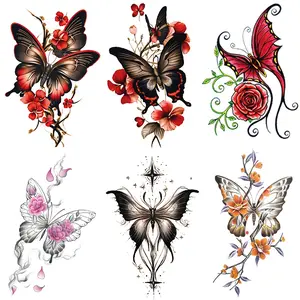 6 Waterproof Butterfly and Peach Blossom Temporary Tattoos, Tattoo Stickers, Realistic Design for Arms and Legs, Perfect for Adult Festival and Party Use