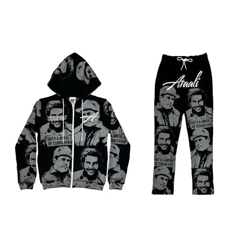 Men's Assa1i Street Style Full Set Black Grey Zip-Up Hoodie and Sweatpants, Men Women's Casual Pants and Top Set Hip Hop Streetwear, Gift for Her Him