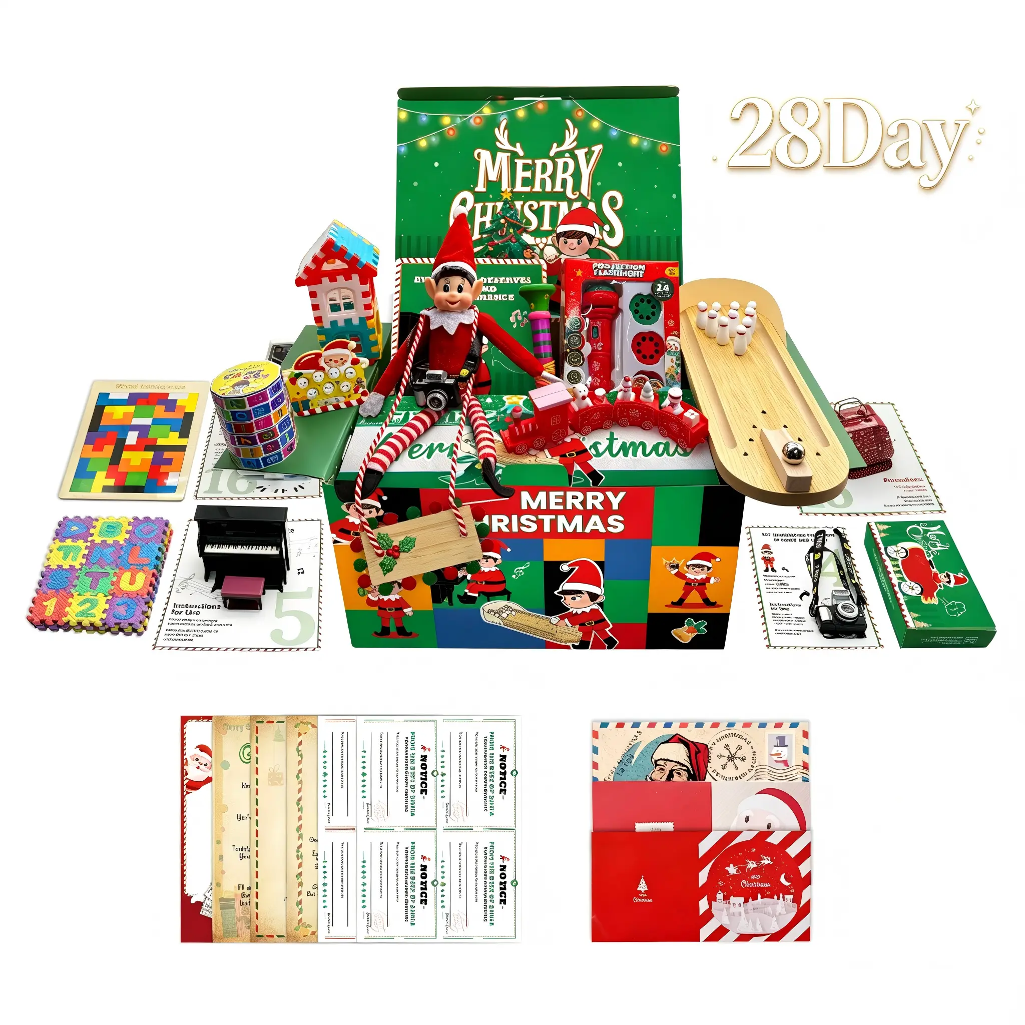 2026 New 28-Day Christmas Elf Decoration Set - Reusable 28-Styles-Available Holiday Family Tradition Countdown Prop for Living Room, Creative Daily Scenes, Children; Includes Elf, Storage Bag, Activity Cards, Storage Rack