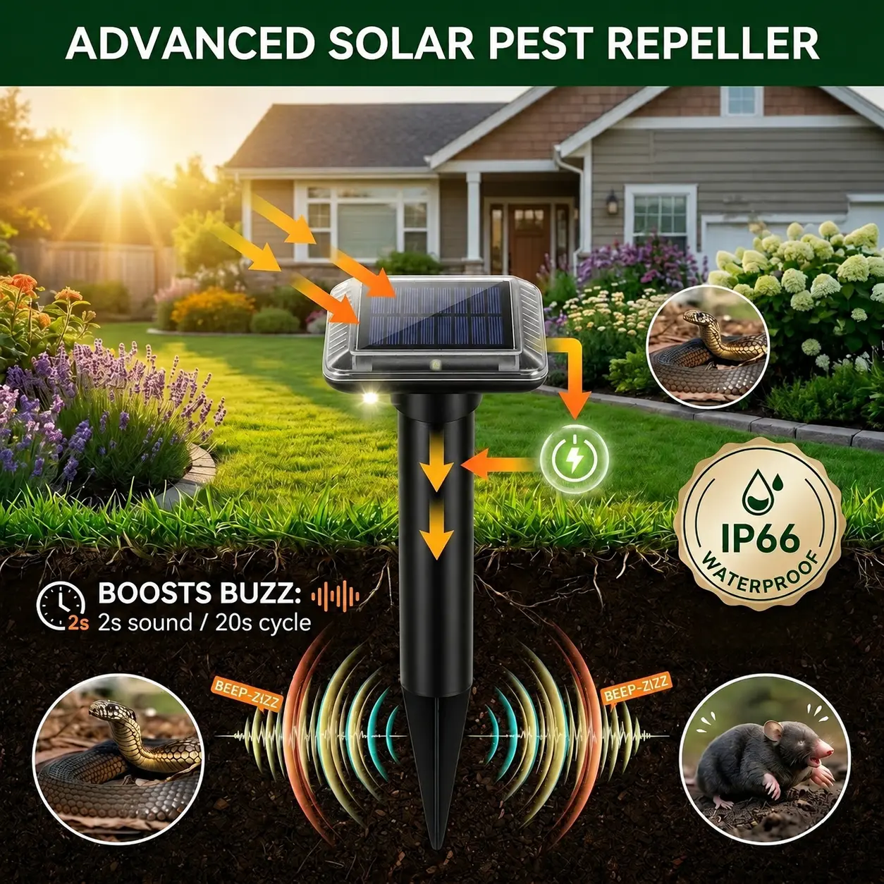 SAIJZEK Outdoor Solar-Powered Ultrasonic Pest Repellent 2-Pack/4-Pack, Upgraded IP66 Waterproof Deterrent for Snake, Mole, Rabbit, Skunk, Gopher, Groundhog& Vole in Lawn & Garden Insect Repellent mouse Home Pest Control, Racoon Repellent Outdoor, Raccoon