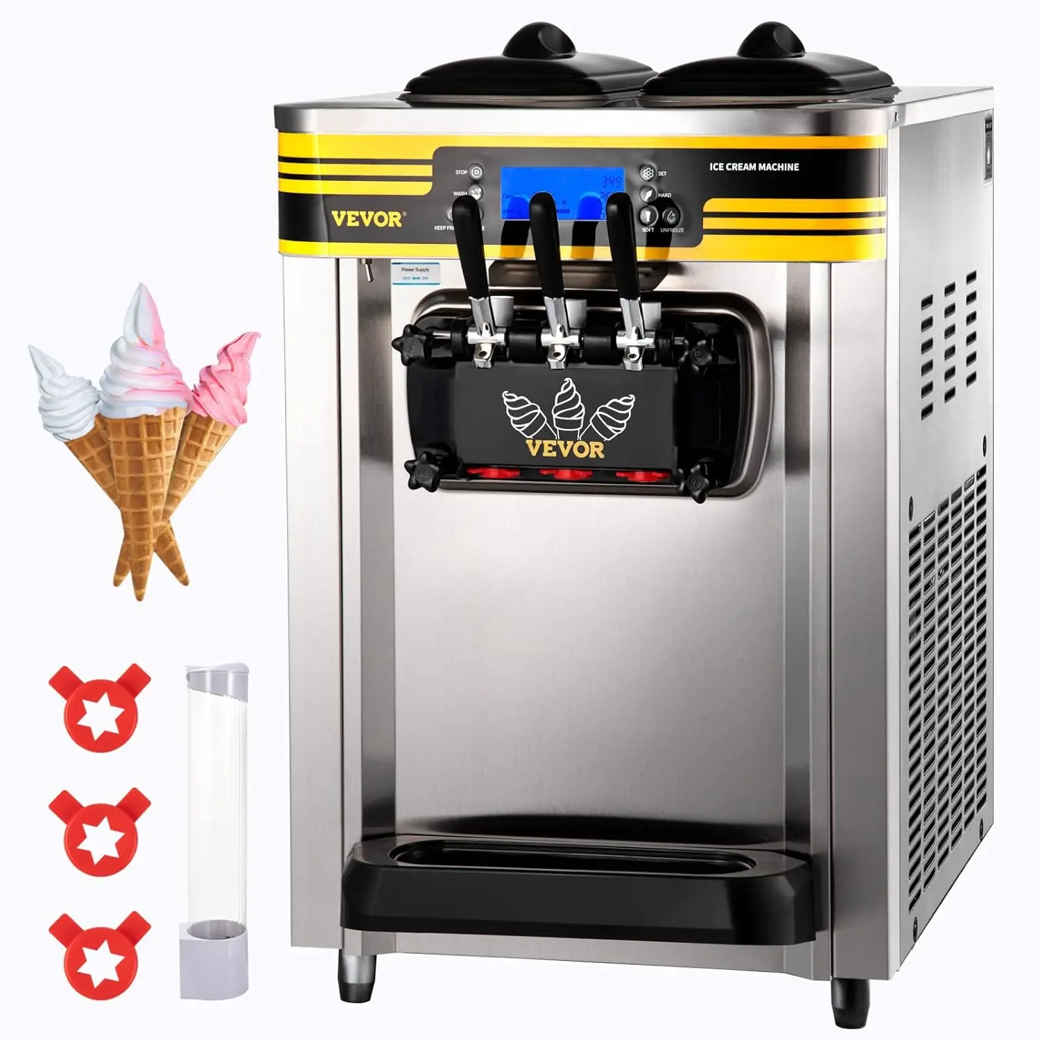 Spring new arrivals Commercial Ice Cream Maker, 22-30L/H Yield, 2350W Countertop Soft Serve Machine with 2x6L Hopper 2L Cylinder LCD Panel Puffing Shortage Alarm, Frozen Yogurt Maker for Restaurant Snack Bar, Silve
