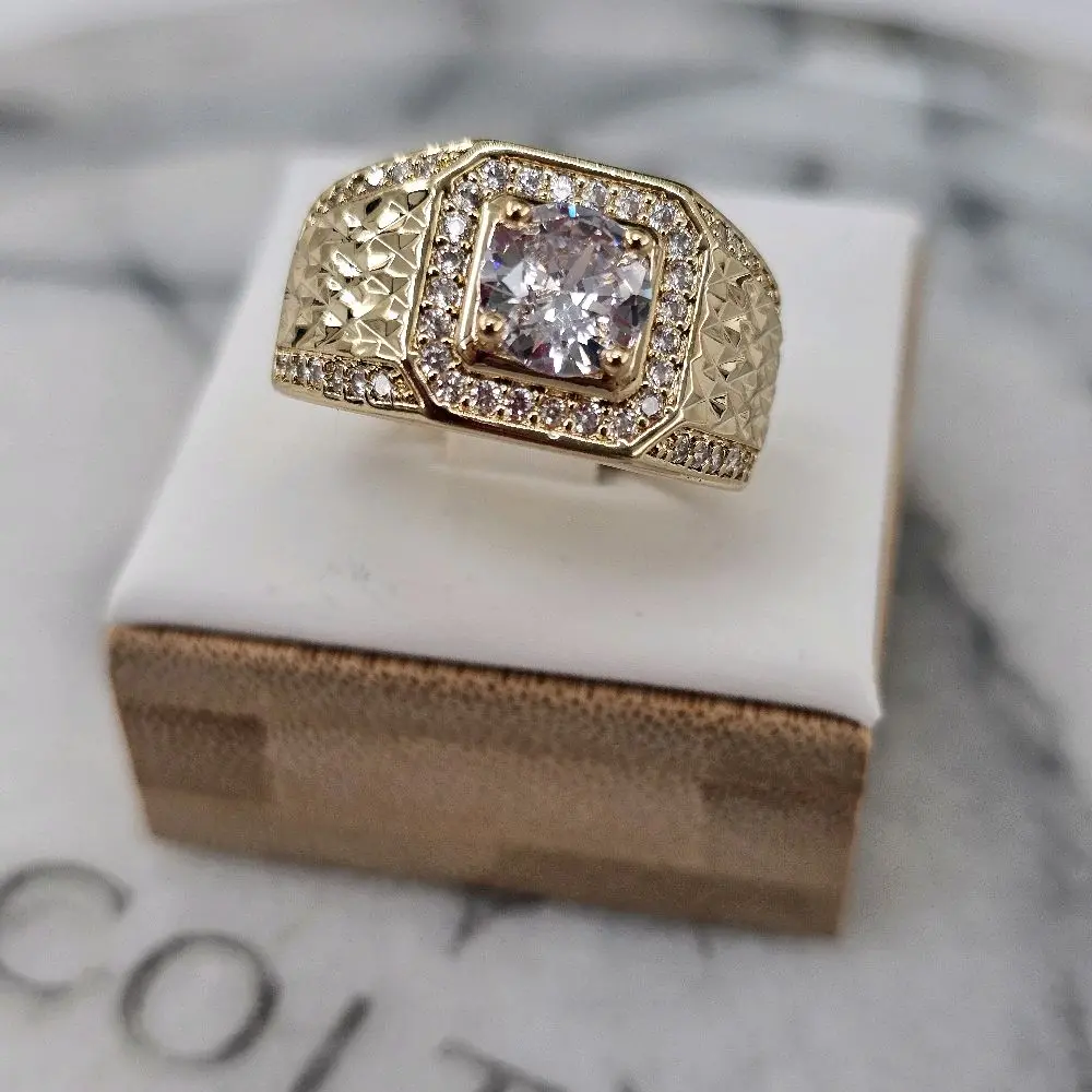 (R57) Elegant Mens Ring with Rhinestones 14k Goldplated Sparkling Accessory for Everyday Wear or Special Occasions