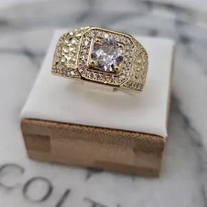 (R57) Elegant Mens Ring with Rhinestones 14k Goldplated Sparkling Accessory for Everyday Wear or Special Occasions