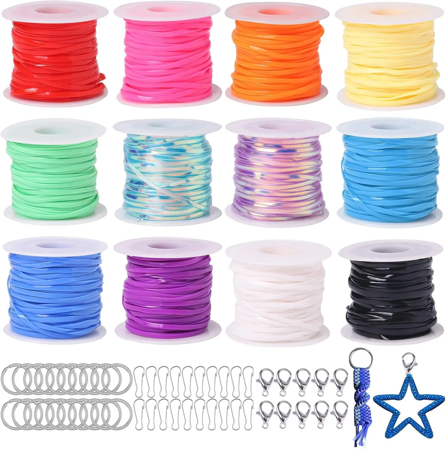 Lanyard String Kit, 12 Rolls Boondoggle Gimp String Plastic Lacing Cord | 792FT, with 60pcs Keychain Lanyard Accessories,Include Laser Color for Bracelet, Keychain Making, DIY Craft Kit