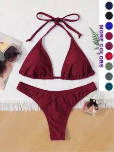 Two-Piece Set Women's Solid Color Halter Bikini Set, Casual Fashion Chic Tie Back Triangle Swim Bra & Swim Thong Swimwear Set, Ladies Swimsuit for Beach Holiday Vacation, Bikini Swim Top