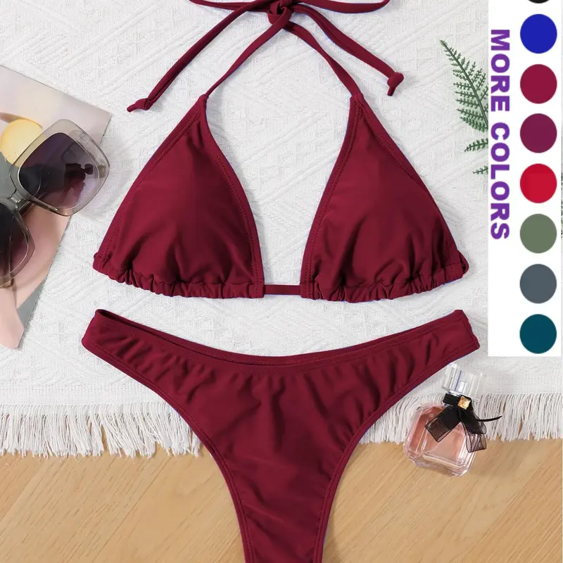 Two-Piece Set Women's Solid Color Halter Bikini Set, Casual Fashion Chic Tie Back Triangle Swim Bra & Swim Thong Swimwear Set, Ladies Swimsuit for Beach Holiday Vacation Triangle Bikini Top Triangle Bikini Bottoms Bikinis Set