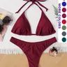 Two-Piece Set Women's Solid Color Halter Bikini Set, Casual Fashion Chic Tie Back Triangle Swim Bra & Swim Thong Swimwear Set, Ladies Swimsuit for Beach Holiday Vacation Triangle Bikini Top Triangle Bikini Bottoms Bikinis Set