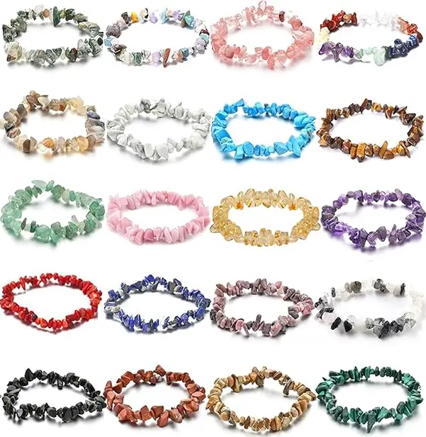 ChakraAlign Gem – 20 PCS Natural Gemstone Bracelets Chakra Crystal Irregular Chips Beads Stretch Bracelets for Women Align Chakras Promote Communication