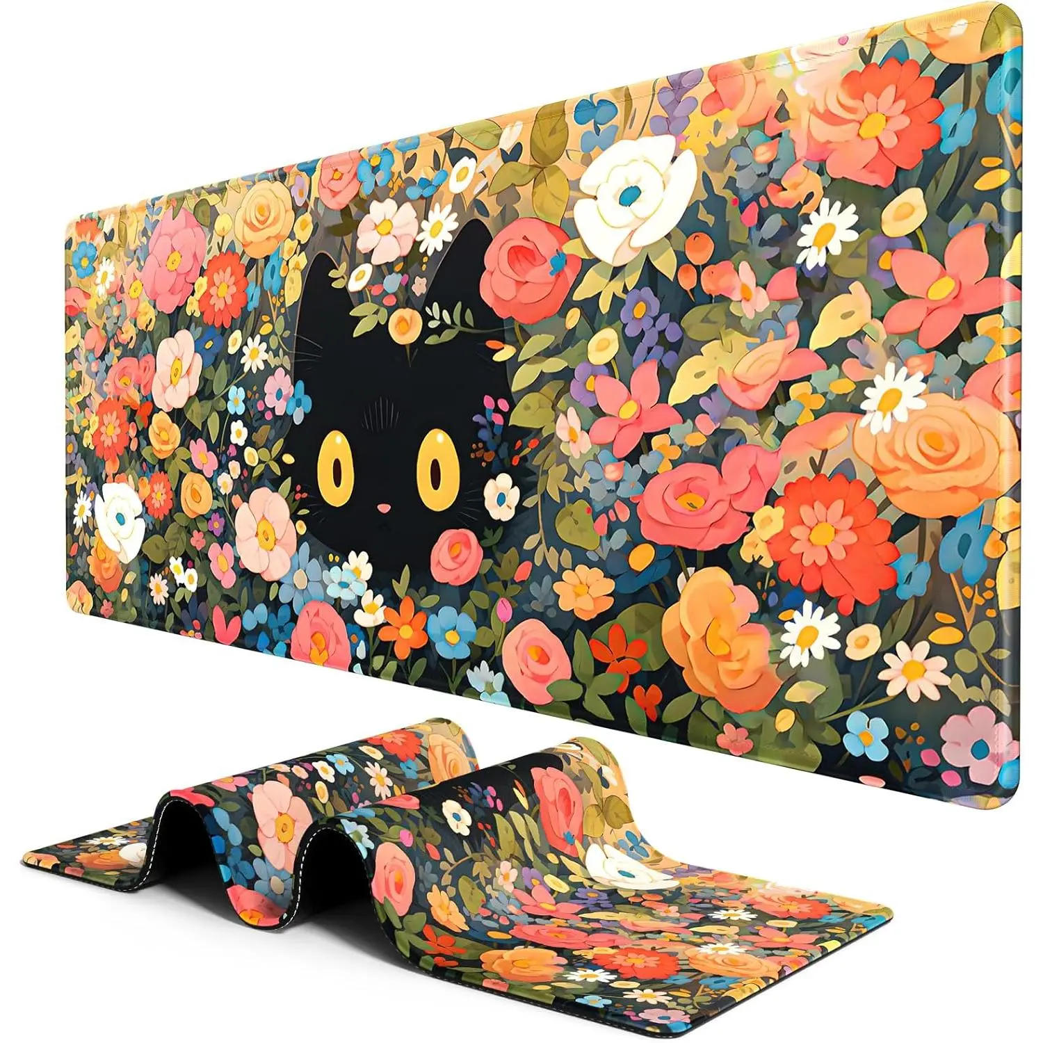 Large Mouse Pad, Desk Pad, XXL Extended Gaming Mouse Pad, Desk Mat for Office & Home, Long Keyboard Mat, Huge Mouse Pad, Desktop Full Cover 24 x 14 Inches, Anime Cat Pink Flower Bush