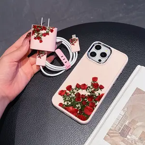 Rose iPhone Case Set with Charger Cover, Cable Protector & Storage Rope, Anti-Drop Tpu Shell for iPhone 6-16 Pro Max