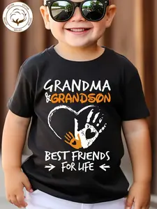 Boy T-shirt, Grandma and Grandson Best Friends for Life Letter Print Soft and Versatile Round Neck Short Sleeve