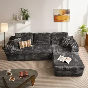 Sectional Cloud Boneless Couch for Living Room Bedroom, Comfy Modern L Shaped Modular Sofa with Right Chaise, Deep Seat Upholstered Memory Foam Couch in Box, No Assembly (Wide Striped Corduroy, Grey)