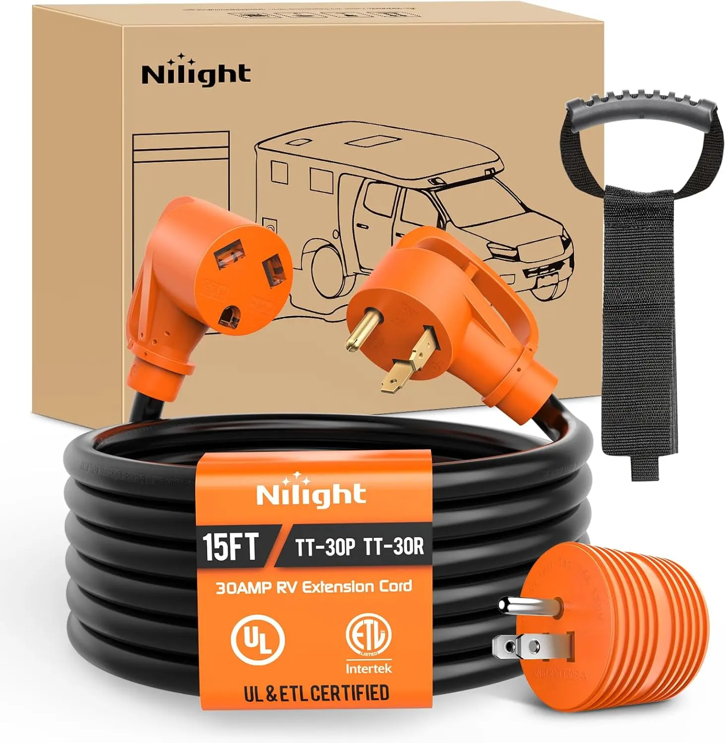 Nilight 15FT/25FT/50FT 30A RV Extension Cord with 15A-to-30A Adapter, 125V Heavy-Duty 10/3 Gauge Pure Copper STW Wire, UL ETL Listed 3-Prong TT-30P TT-30R, Weatherproof Cable-Wired Cord Reels for Generators, Campers