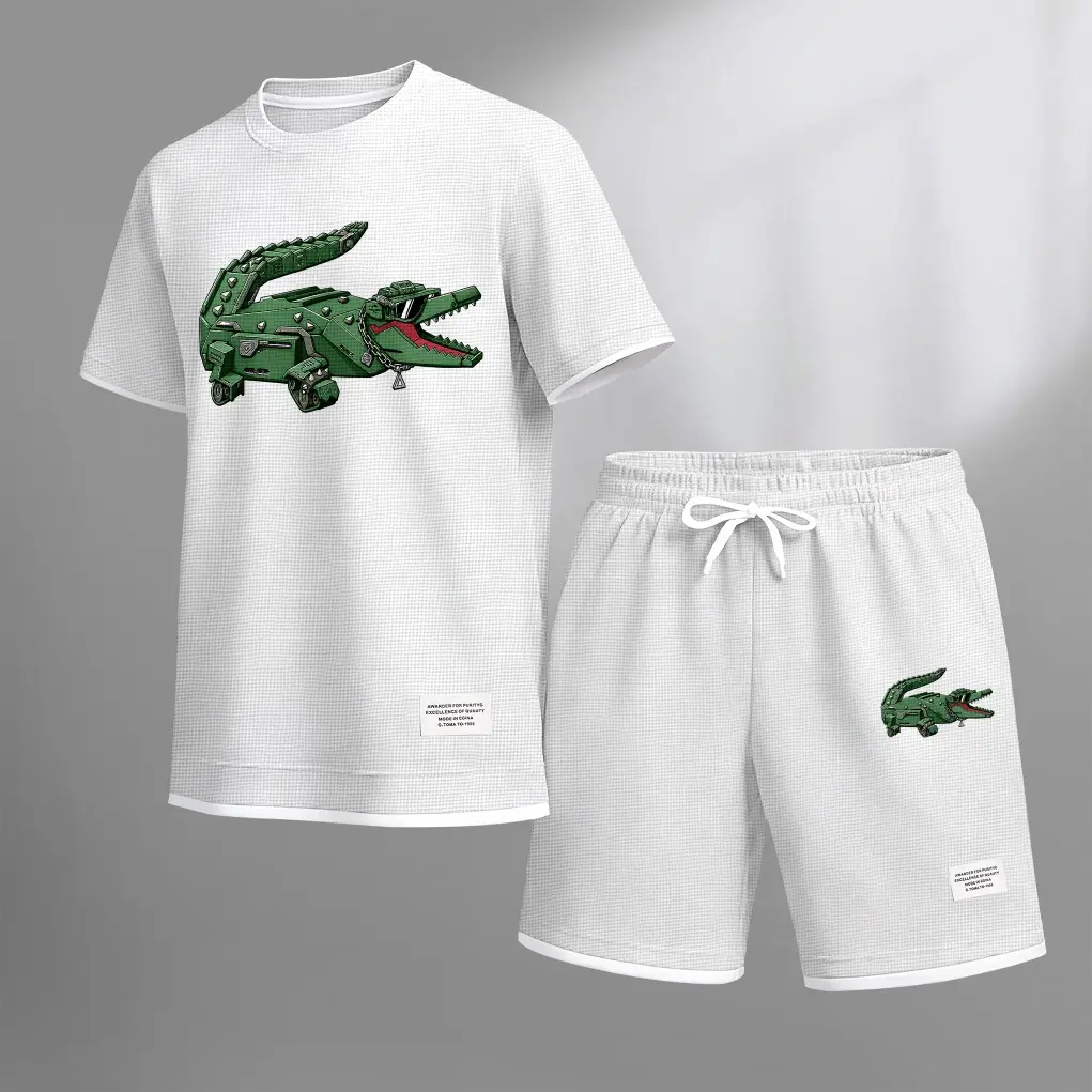 Men's Mechanical Crocodile Print Waffle-Knit Short Sleeve Shirt and Shorts Set, Casual Minimalist Two-Piece Outfit, Drawstring Shorts, Men's Summer Sportswear for Daily Wear