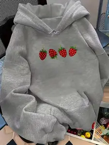 New Women's Casual Fashion Sweatshirt Strawberry Print Kangaroo Pocket Drawstring Hoodie, Daily Wear, Fall & Winter Clothing