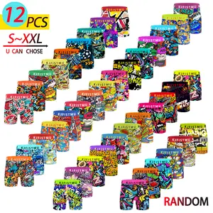 KJFISTMU 12-piece Set of Colorful Belts Men's Boxer Briefs - Unique design, randomly printed long boxer briefs for men (breathable polyester blend, soft and comfortable, machine washable, suitable for teenagers and adults) Men's Stretch Low-Rise Underwear