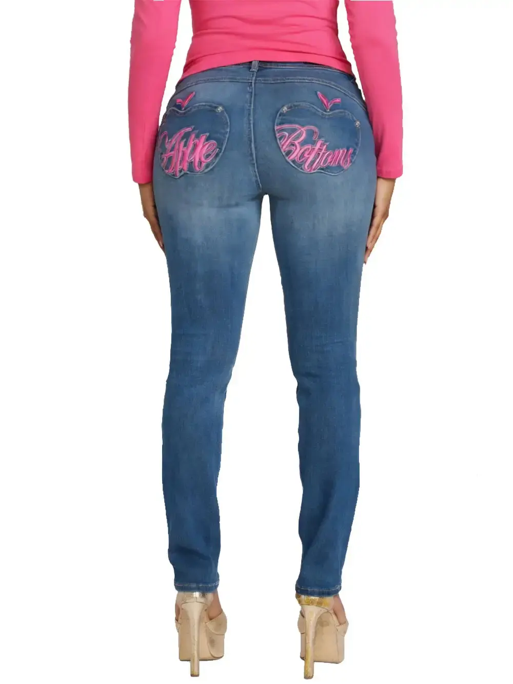 Apple Bottoms Signature Apple Pocket Jean, Pink Detail, Low Rise, Straight Leg, Y2K Style, Curve Hugging Fit, Womenswear Vintage Denim