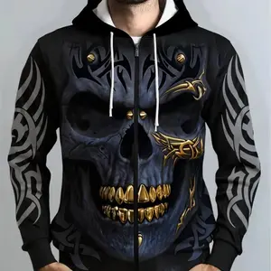 A fashionable, casual and novel 3D skull pattern printed zipper pocket sweatshirt for men