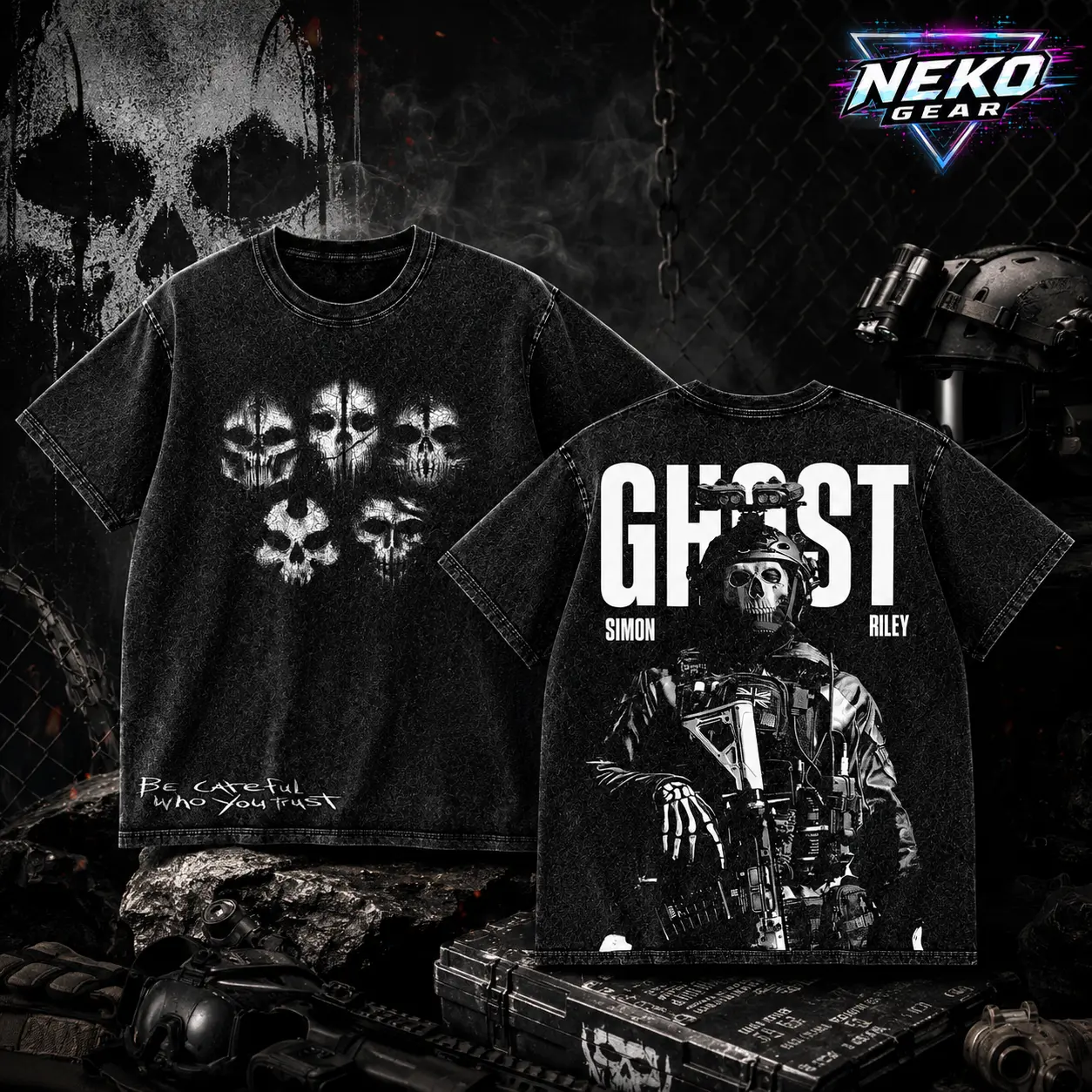Neko Gear Men's Oversized Ribbed Garment-Dyed Aesthetic Breathable Graphic T-Shirt, Ghost Simon Riley Skull Mask Tactical Military Gamer Streetwear Tee