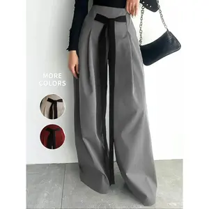 Women’s color-blocked tie-front pleated wide-leg pants, casual and comfortable trousers suitable for work, office, and business; also suitable as women’s underwear for all seasons. GARMENTARY