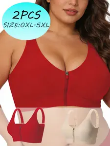 Women's Plus Size Front Zip Bralette, Fashionable Gathered Design, Breathable No Sweat, Medium Support Fit, All Seasons, Casual Daily Wear, Underwear