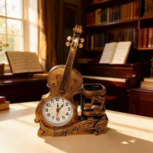 Retro violin clock, living room desktop clock, bedroom clock, desktop ornaments, AA battery power supply (without battery), suitable for living room, office, bedroom, interior decoration, holiday party decoration, Christmas gifts, birthday gifts.